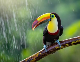 Bird with open bill, Chesnut-mandibled Toucan sitting on the branch in tropical rain with green jungle in background. Wildlife scene from nature.