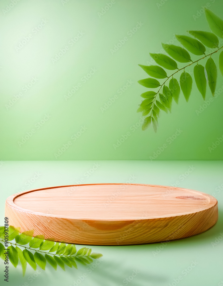 Poster Wooden Podium with Green Leaves on a Green Background