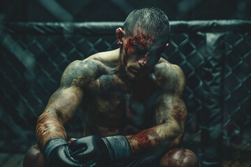 Fototapeta premium Bloodied and exhausted mixed martial arts fighter sitting in the ring after a tough fight