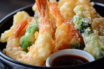Close-up of Tempura Shrimp, Vegetables, and Soy Sauce in a Black Bowl