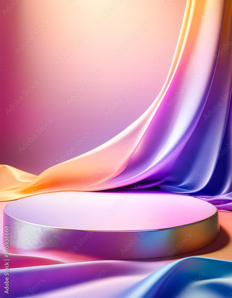 Poster abstract background with colorful silk drapes and a circular platform