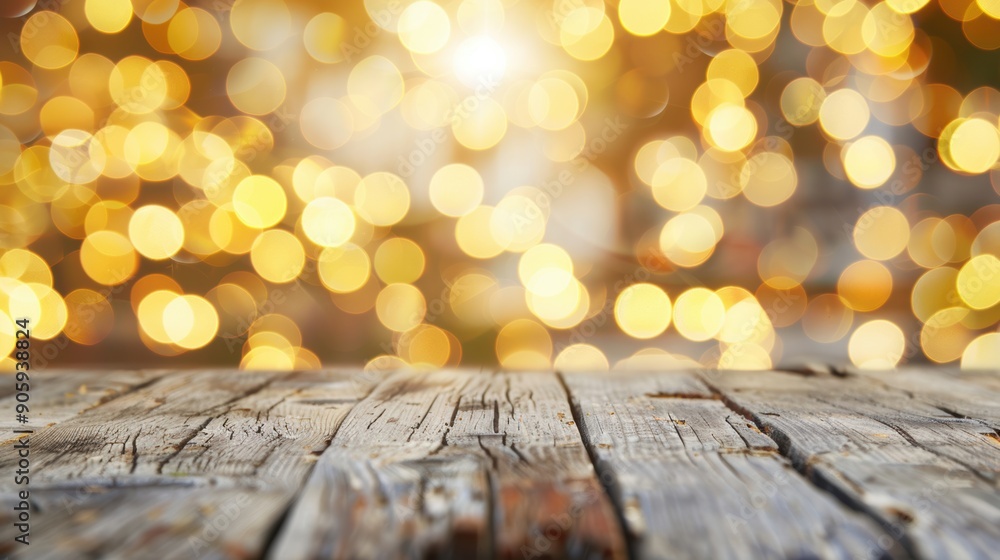 Poster a rustic wooden table is elegantly highlighted by a backdrop of glowing golden bokeh lights