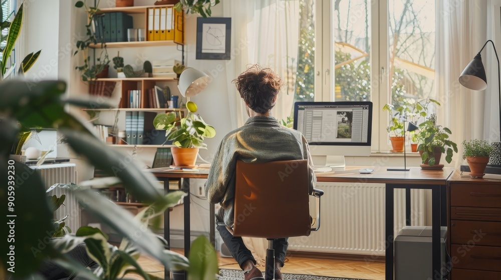 Poster a man sits at his desk, focused on his work. sunlight streams in through the window, illuminating th