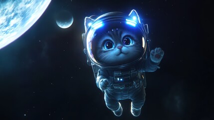 A Cute Cat Wearing a Spacesuit Floating in Space