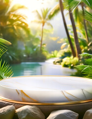 Obraz premium White Marble Podium with Golden Trim in Tropical Setting