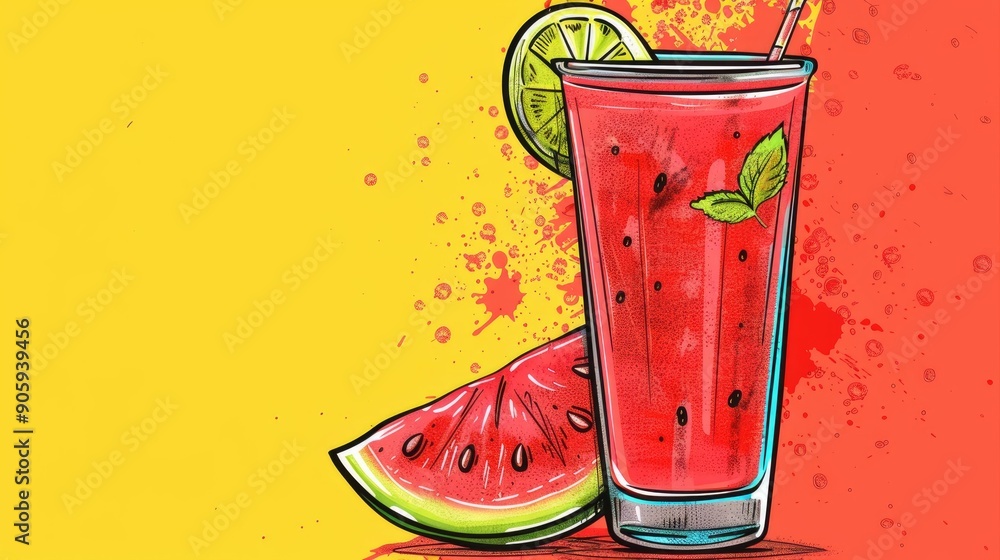 Poster watermelon juice drawing with slice and space for text