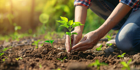 A person carefully plants a young sapling in the ground, symbolizing growth and care for the environment.