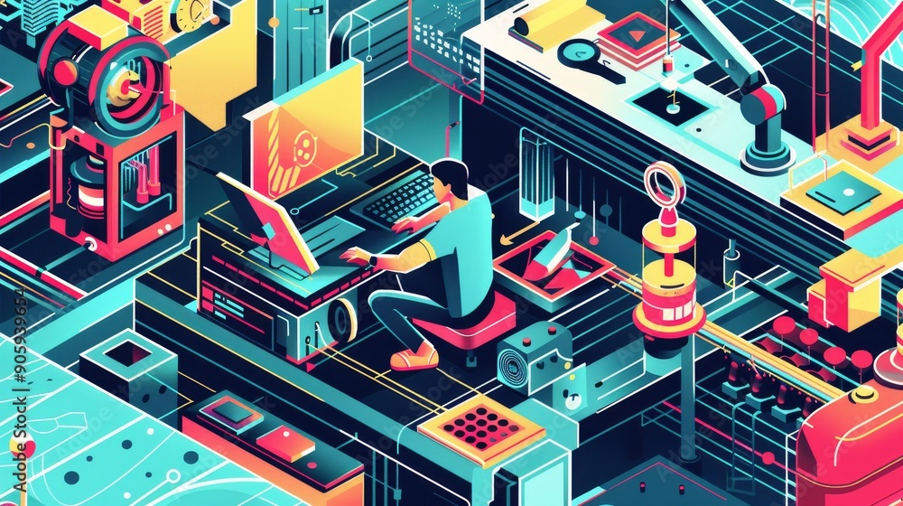 Poster a man works at a computer in a vibrant, futuristic workspace. the image symbolizes innovation, techn