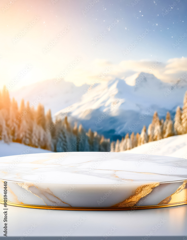 Canvas Prints Marble Podium with Winter Mountain Background