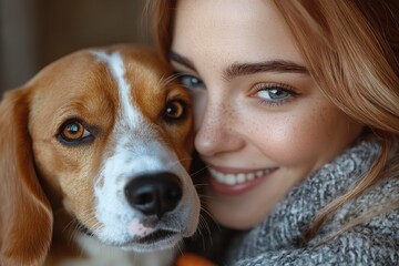 Happy Woman Training Beagle Dog at Home with Carrot Rewards, Emphasizing Positive Reinforcement and Pet Well-being Indoors, Art Style Inspired by Unknown Artist