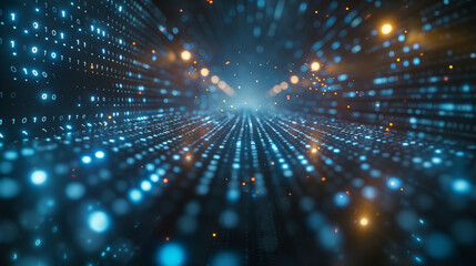 Fototapeta premium A vast, symmetrical void space with countless glowing numbers 1 and 0 bursting out symmetrically from the center like a digital supernova.
