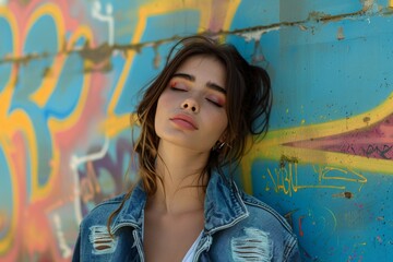 Fototapeta premium Confident Young Woman in a Denim Jacket Contemplatively Standing Against a Wall of Colorful Graffiti, Eyes Closed, Reflecting on Life's Journey.