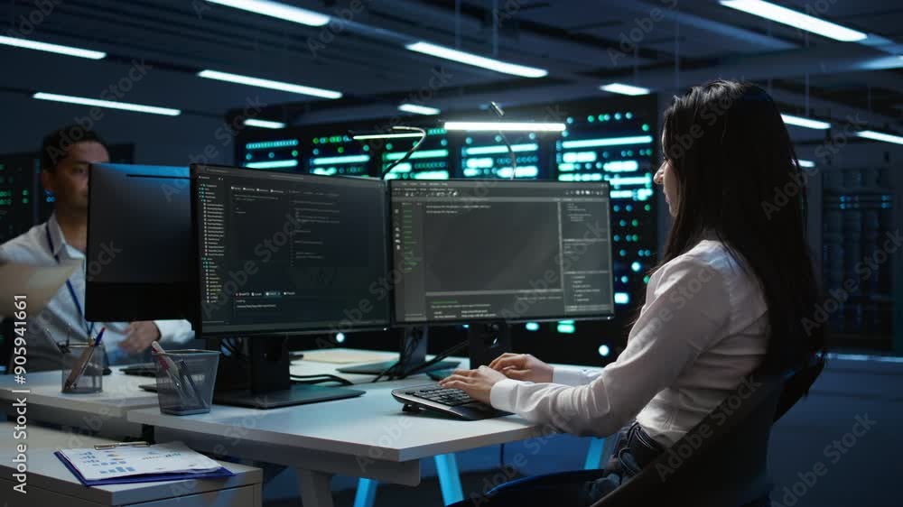 Poster team of programmers in data center responsible for installation and repair of networking equipment s