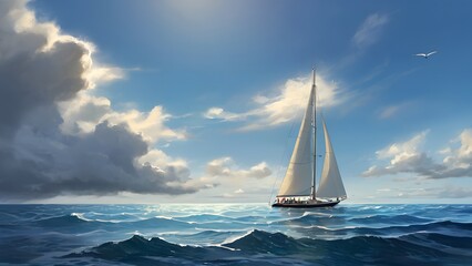 Obraz premium Radiant Sun Over Tranquil Sea with Sailboat