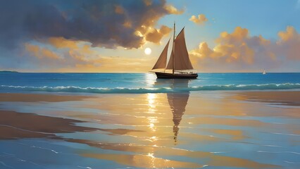 Obraz premium Radiant Sun Over Tranquil Sea with Sailboat