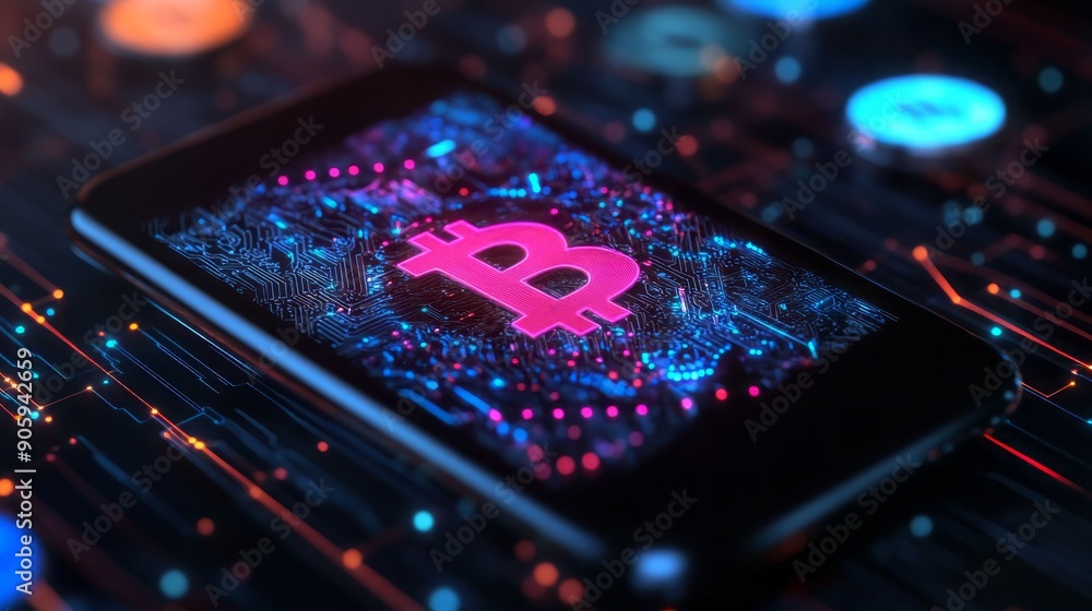 Poster a smartphone displaying a glowing bitcoin logo, surrounded by digital elements, representing cryptoc
