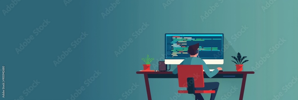 Poster a programmer sits at their desk, focused on writing code, symbolizing concentration, dedication, pro