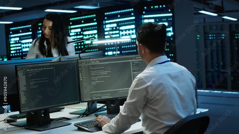 Poster coworkers in high tech data center monitoring security threats, implementing cybersecurity measures.