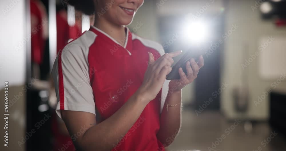 Poster hands, online and athlete with cellphone, texting and communication for soccer match in locker room.