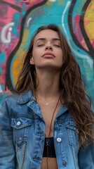 Naklejka premium Confident Young Woman in a Denim Jacket Contemplatively Standing Against a Wall of Colorful Graffiti, Eyes Closed, Reflecting on Life's Journey.