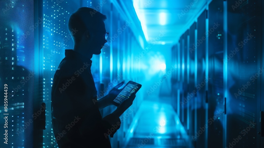 Poster a silhouette of a technician in a data center, illuminated by blue light, examining a server rack wi