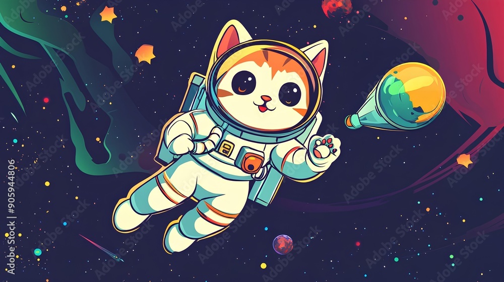 Wall mural Cute cat astronaut in spacesuit. Vector hand drawn illustration.