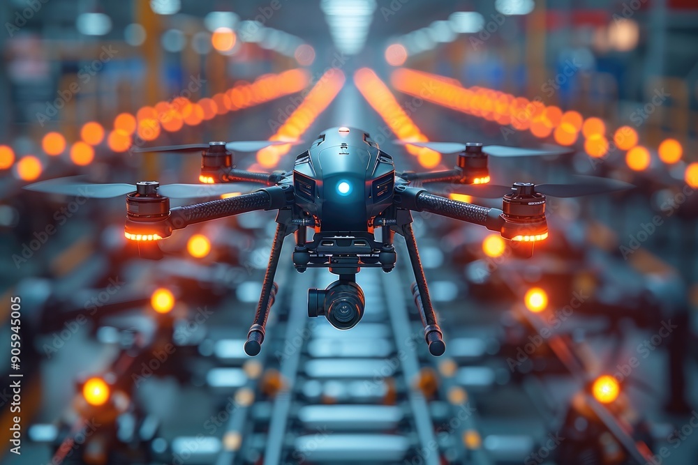 Poster advanced drone with led lights hovering in a high-tech factory setting, showcasing modern technology