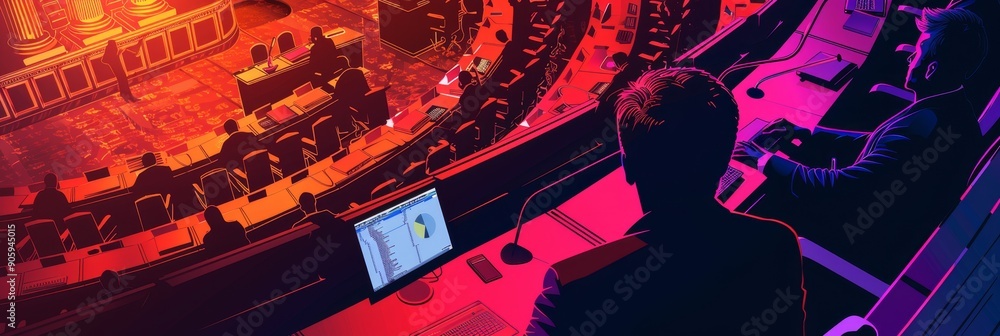 Poster a single tech operator working in a dimly lit control room, surrounded by rows of screens and equipm