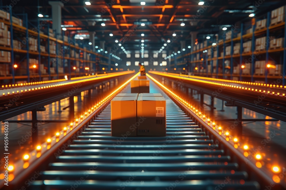 Poster automated conveyor system in a modern warehouse handling packages, showcasing advanced logistics and