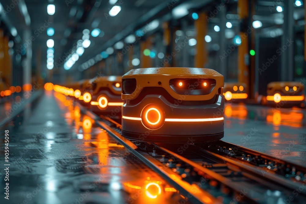 Poster automated robots in a futuristic factory line, glowing with vibrant orange lights, symbolize advance