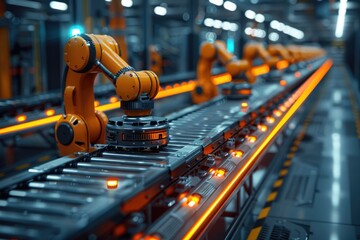 Fototapeta premium Automated robotic arms on a conveyor belt in a modern factory, showcasing advanced manufacturing and technology.