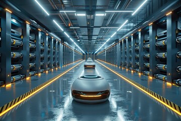 Futuristic autonomous data center with advanced AI technology and sleek robotic systems managing data servers.