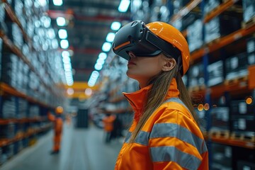 Female warehouse worker using VR headset for inventory management in a modern distribution center, enhancing warehouse efficiency.