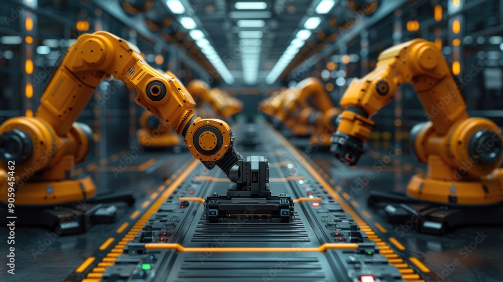Aufkleber industrial robotics in a high-tech manufacturing facility with robotic arms working on an assembly l