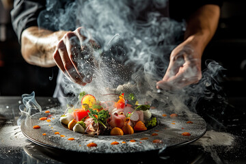 Chef preparing luxury delicious food on plate in restaurant kitchen. Food stylist meticulously decorating. Tasty fresh delicious mouthwatering gourmet for dinner.