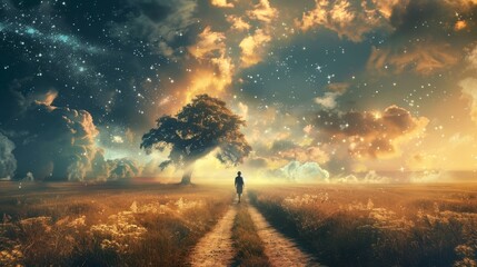 A solitary figure walks down a dusty path towards the horizon, bathed in the warm glow of a magical sunset. The sky is filled with stars, representing hope and dreams, while the lone tree symbolizes r