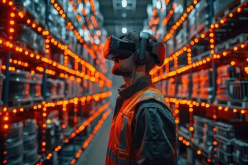 Man wearing VR headset in illuminated warehouse, exploring virtual reality in logistics and inventory management.