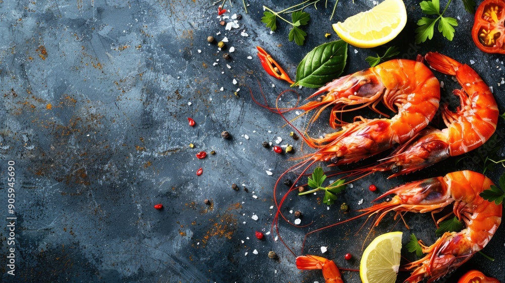 Wall mural shrimp and prawn on table for meal top view with copy space rustic seafood image