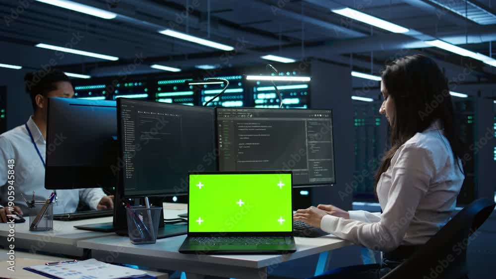Poster programmers in data center manage and maintain databases using chroma key notebook, ensuring data in
