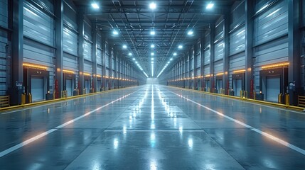 Obraz premium Vast empty warehouse with polished concrete floor, well-lit by industrial lights, showcasing a modern and organized storage facility.