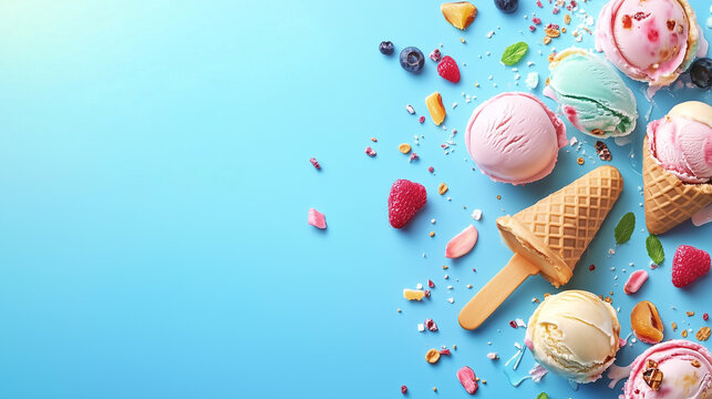 delicious ice-cream advisement banner with copy space for text, ice cream promotion advertising marketing banned background 