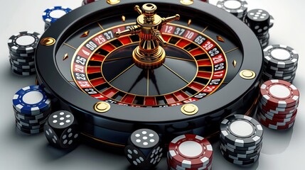Naklejka premium Black spinning wheel, casino, poker chips, playing cards, dice, slots and dollars.