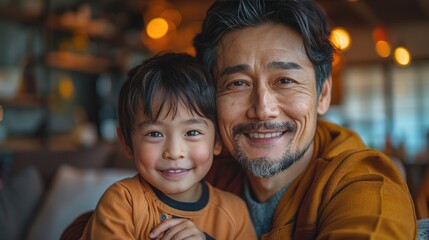 Cheerful father and son bonding and smiling at the camera in a cozy, warmly lit home environment, capturing a loving and joyful moment.