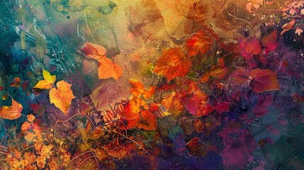 Fototapeta premium A vibrant abstract painting of autumn leaves in various shades of red, orange, yellow, and green. The leaves are arranged in a chaotic pattern, suggesting a sense of movement and change. The backgrou