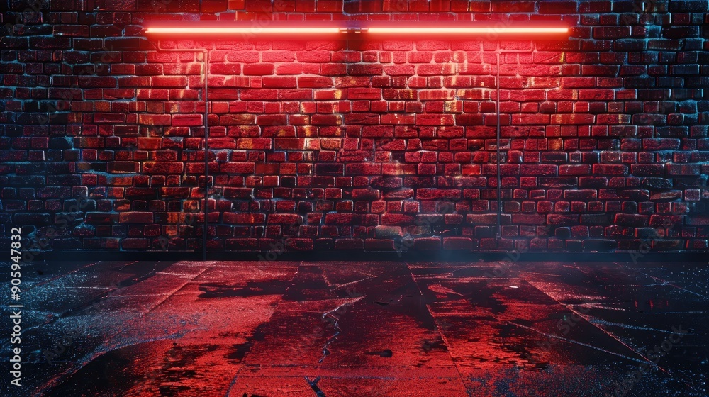 Aufkleber neon light illuminates brick wall in empty scene with reflections on wet asphalt cyberpunk backdrop 
