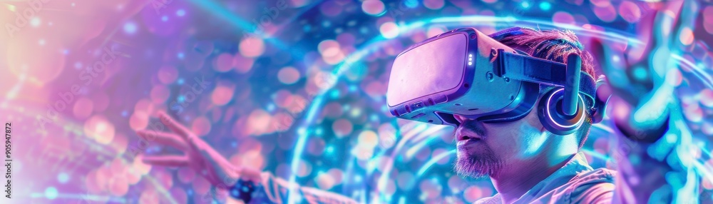 Poster a child engages in immersive virtual reality, exploring a vibrant digital world filled with colorful