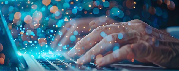 A close-up of hands typing on a laptop, surrounded by vibrant digital particles, conveying a sense of technology and creativity.
