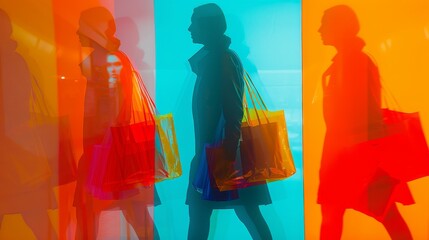 A vibrant city backdrop with multiple silhouettes of shoppers walking, each carrying colorful shopping bags, symbolizing consumerism, urban life, shopping spree, retail therapy, and vibrant city life.