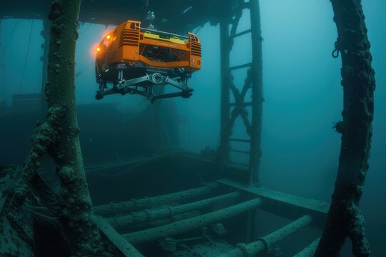 A remote -operated vehicle (ROV ) underwater