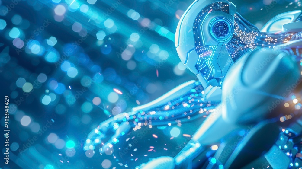 Poster a futuristic robot with glowing features, set against a dazzling bokeh background, symbolizing techn